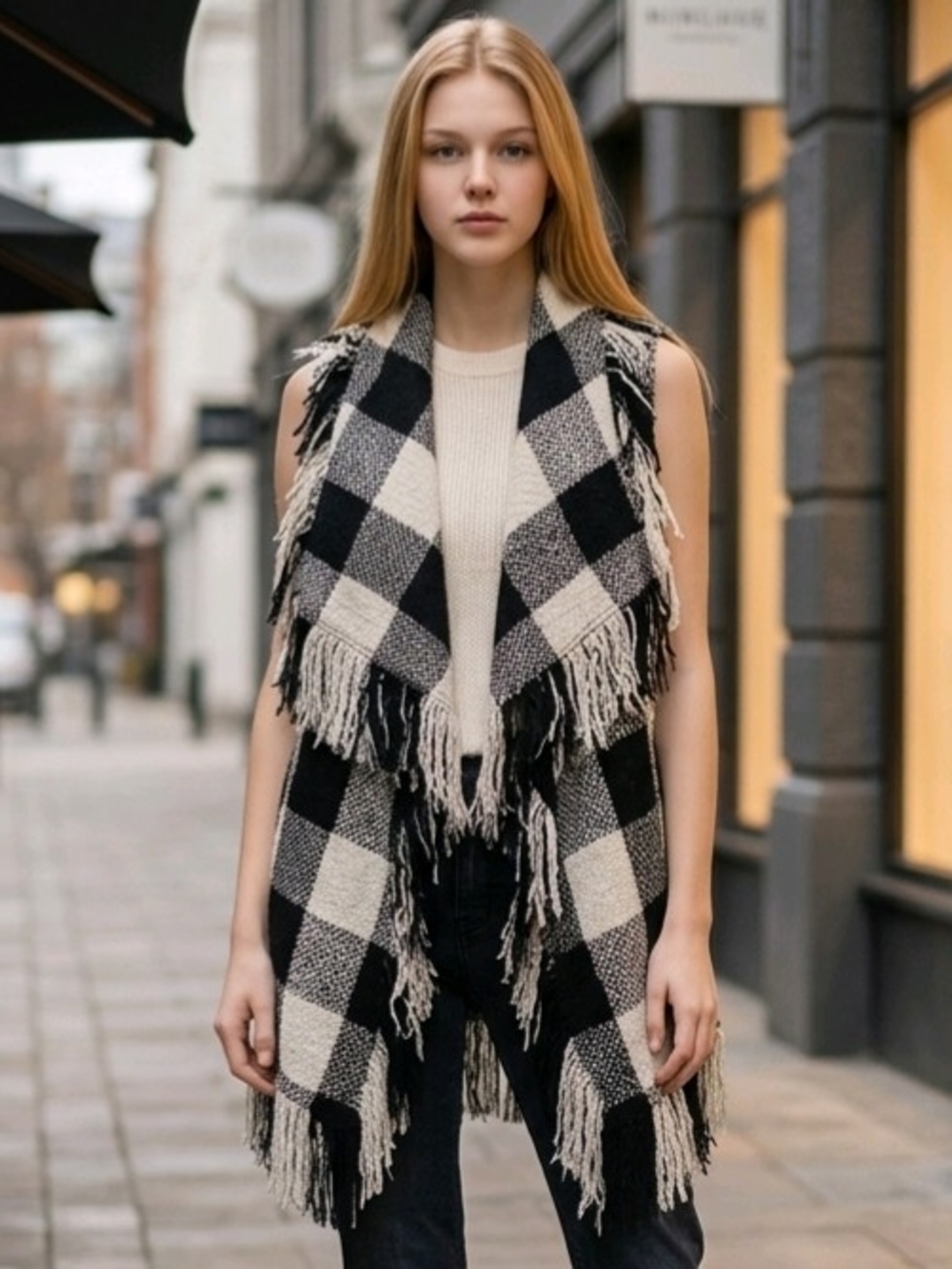 Chelsea & Theodore Sleeveless Cardigan Blk/Ivory Buffalo Plaid Fringe Trim S EUC